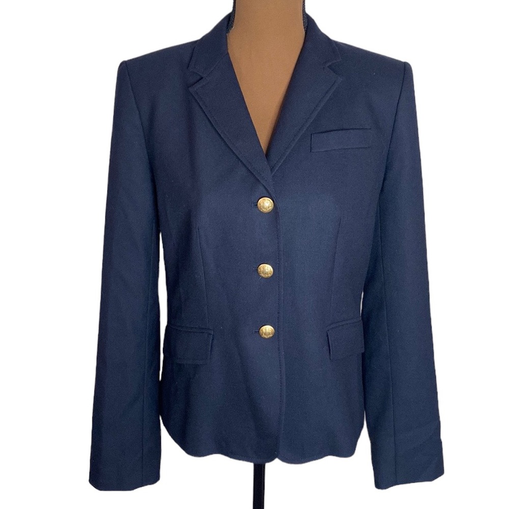 J Crew schoolboy navy wool club blazer 80s three button closure size 8